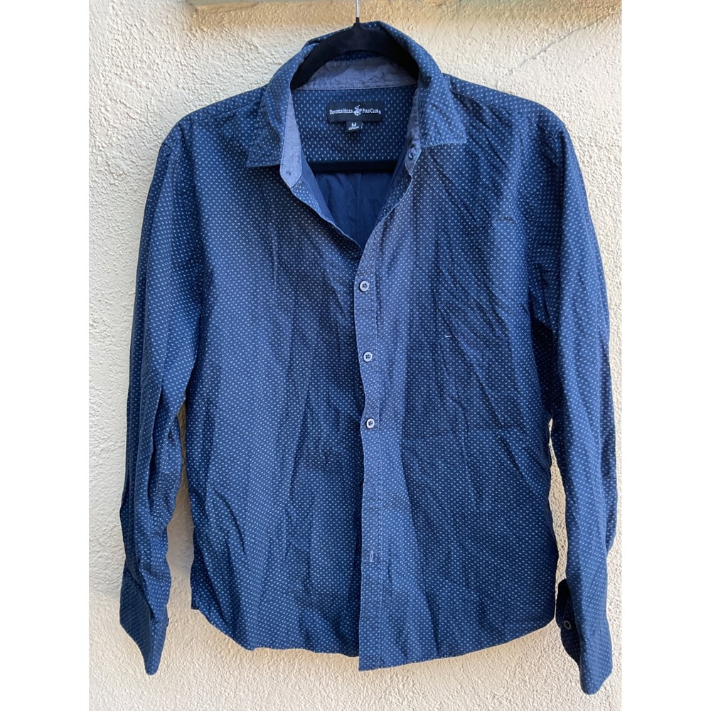 Beverly Hills Polo Club Mens Navy Blue Micro Print Cotton Button Down Shirt M